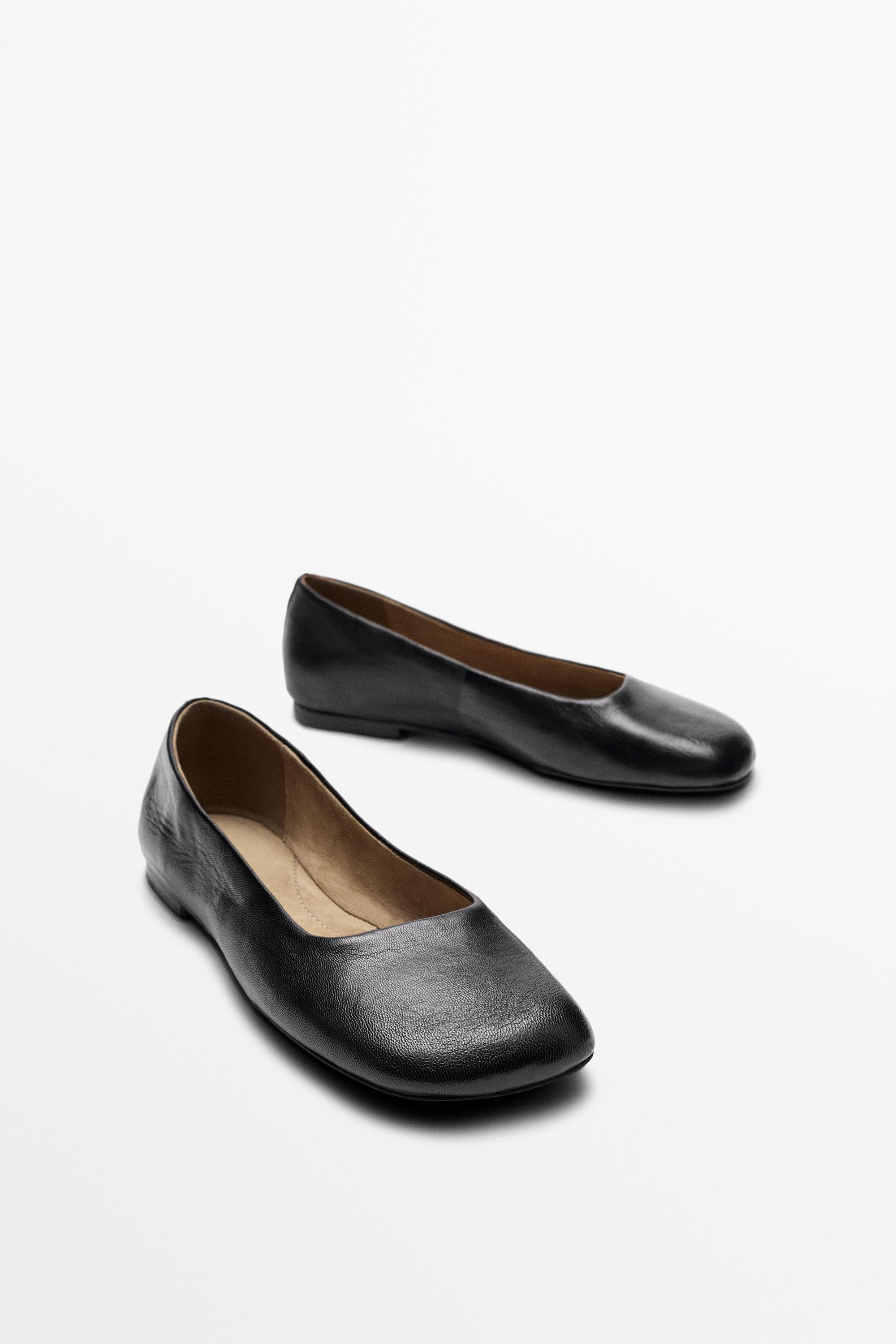 Square toe leather ballet flats | Massimo Dutti UK