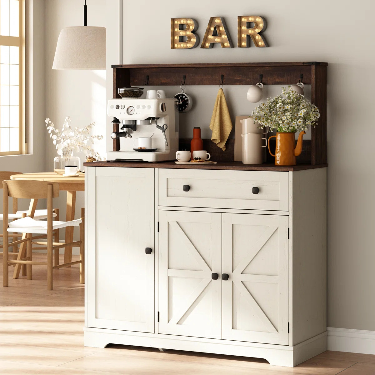 39.4'' Farmhouse Coffee Bar Cabinet with Hooks and Charging Station Buffet Cabinets with Upper Ra... | Wayfair North America