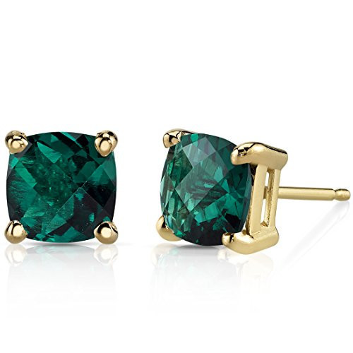 Peora Solid 14K Yellow Gold Created Emerald Stud Earrings for Women, Classic Solitaire, Cushion Cut 6mm, 1.75 Carats total, Friction Back, Dainty Green Earrings, Emerald Jewelry | Amazon (US)