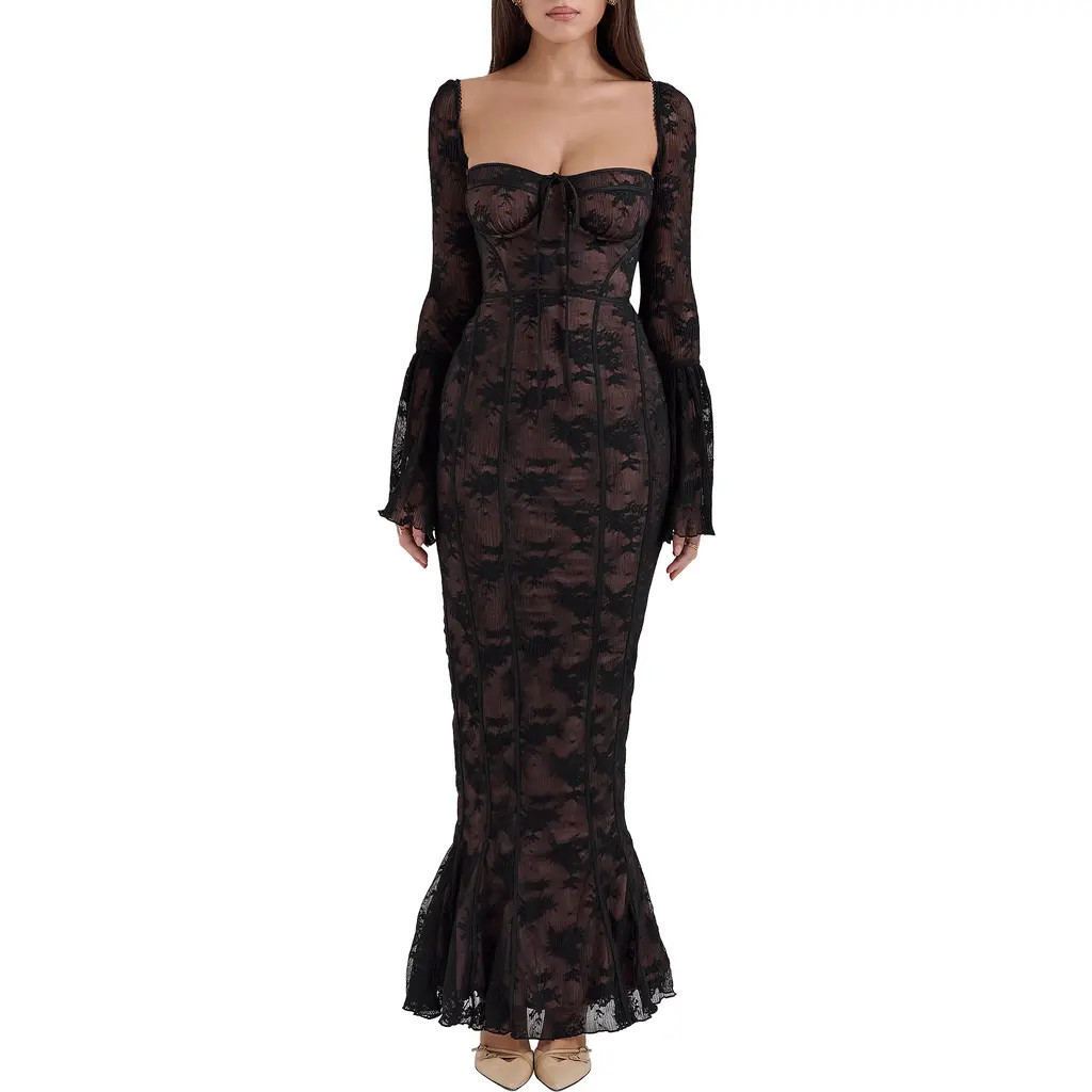 HOUSE OF CB Delilah Long Sleeve Lace Overlay Mermaid Dress in Black at Nordstrom, Size X-Small A | Nordstrom