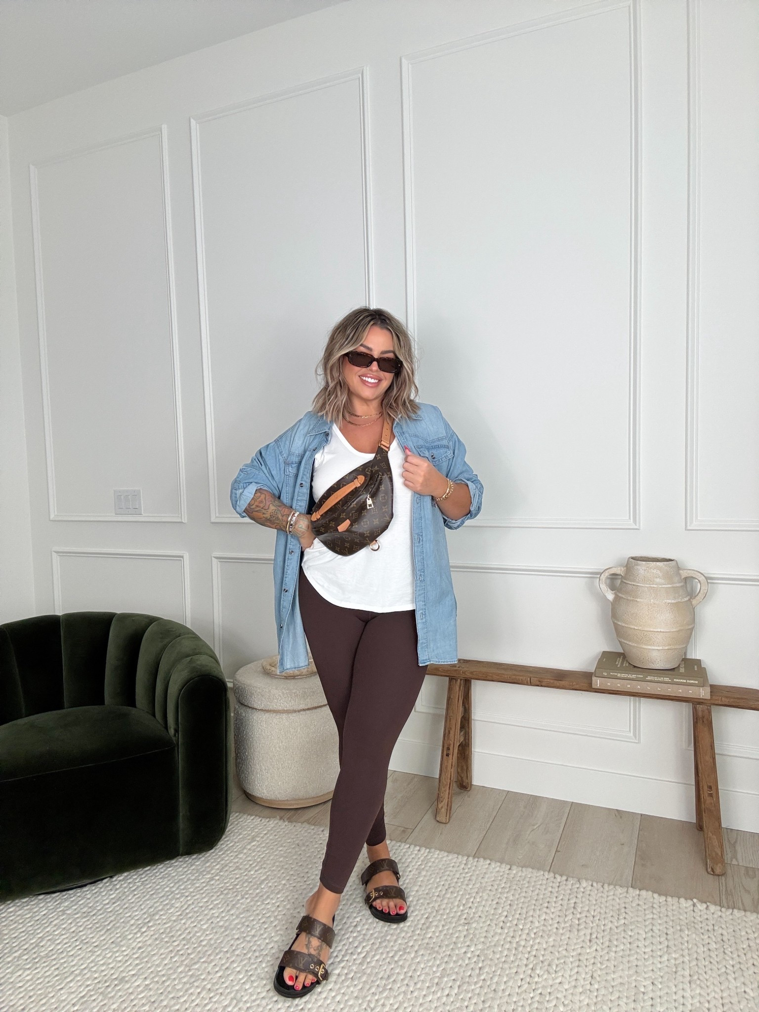 Tank L 
Denim top L 
Leggings L 
Sandals and bag LV can’t link here 