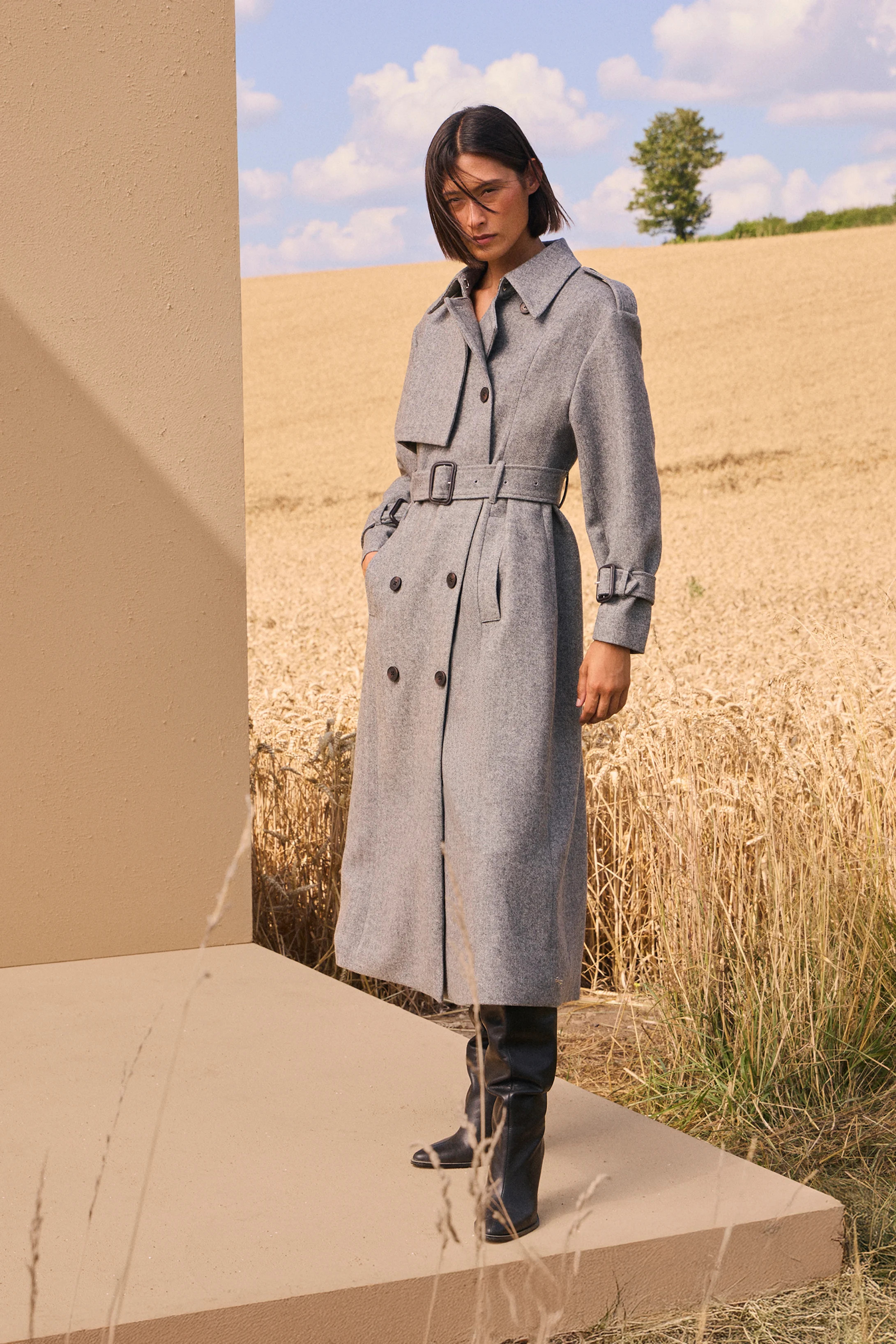Herringbone Wool Belted Trench Tailored Maxi Coat | Karen Millen UK + IE + DE + NL