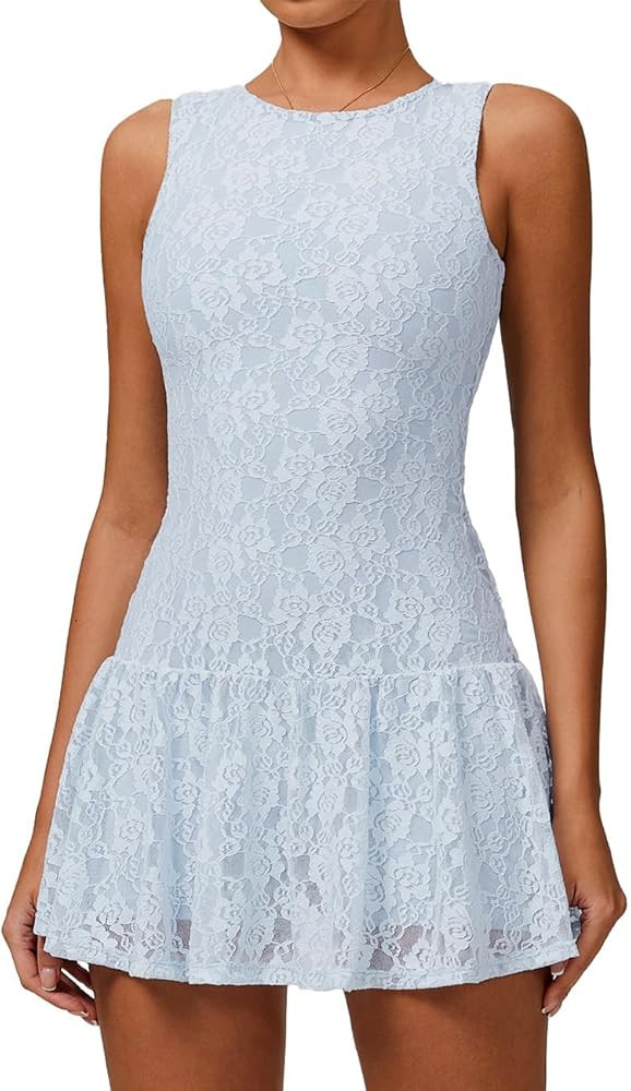 Womens High Neck Retro Tennis Dress Sleeveless Lace Golf Athletic Dress Build in Shorts Mini Dres... | Amazon (US)