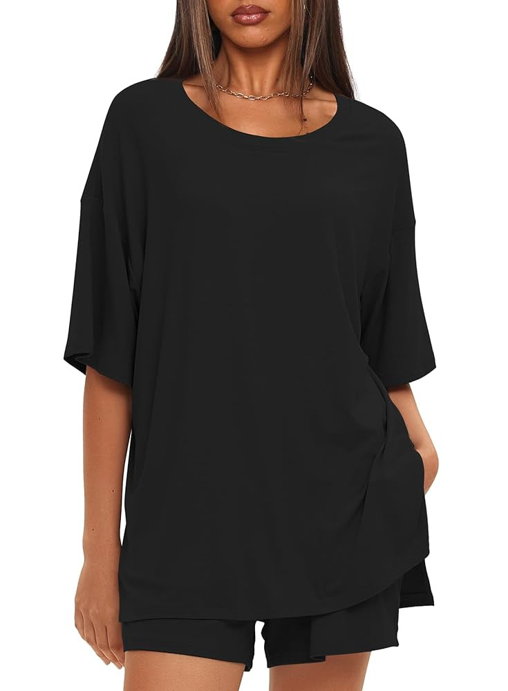 Darong Women's Two Piece Loungewear Set Summer Casual Boxy Shirts Drawstring Shorts Matching Airp... | Amazon (US)