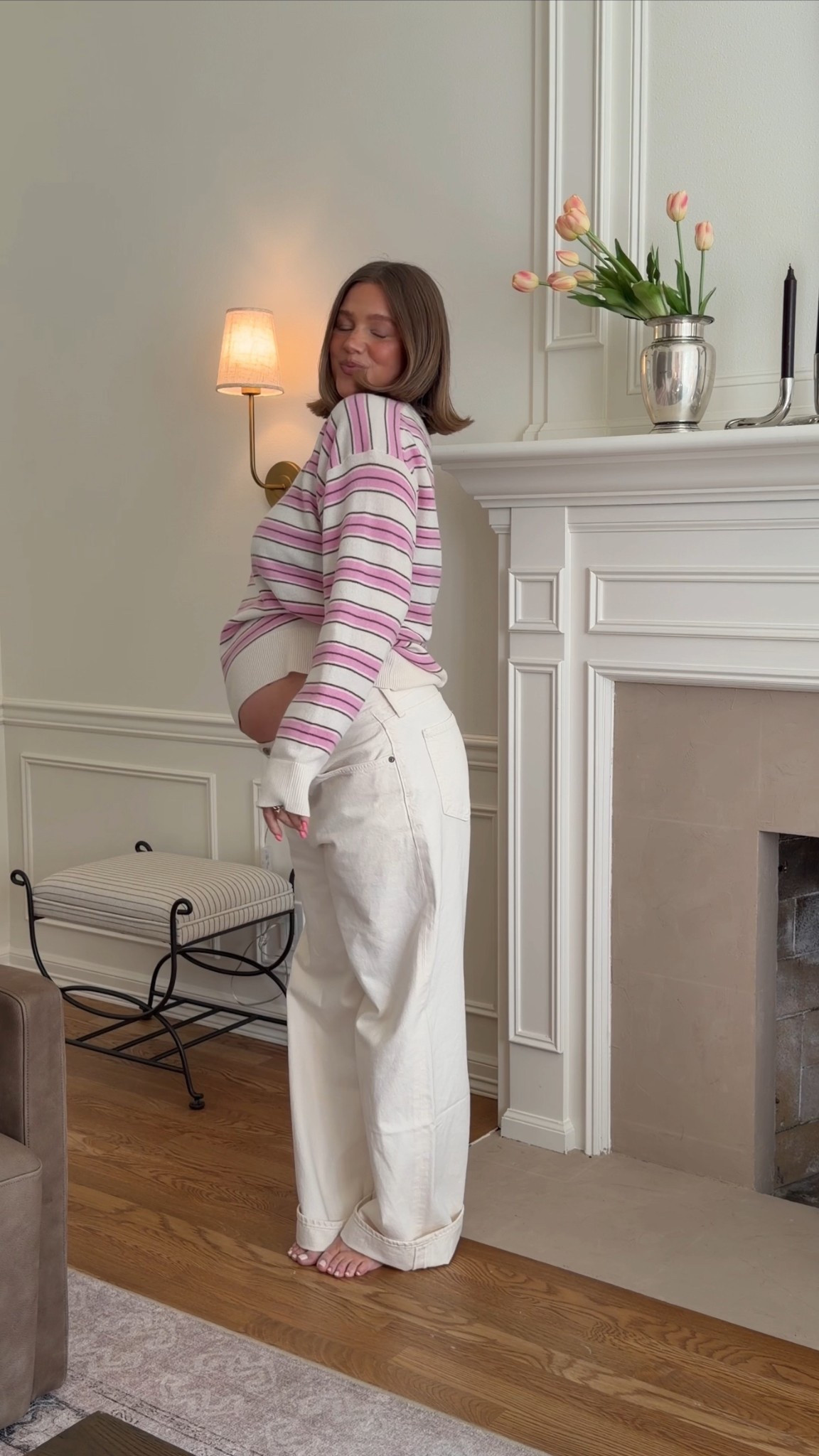 Size L in everything except pink striped sweater I got a medium it runs big! Honestly everything runs pretty loose so stick with true size. I went up in low rise jeans to a 31 for pregnancy, my typical size in this jean is a 29 for a low rise fit. Loveeee them. 

#pregnancy #bresheppard #pregnant #secondtrimester #aritzia #lowrise #agolde 

#ltkbump #ltkgrwm