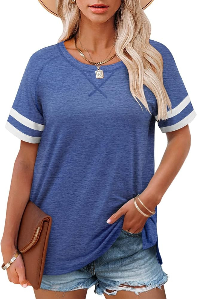 Angerella Summer Tops for Women Casual V Neck T Shirts Short Sleeve Tunic Tops Loose Fit | Amazon (US)