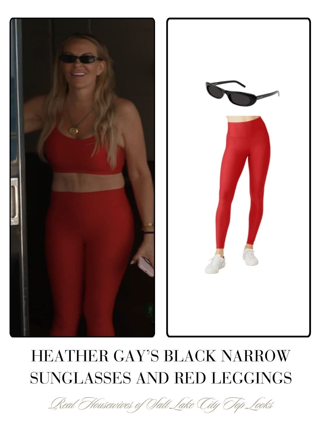 Heather Gay’s Black Narrow Sunglasses and Red Leggings and Sports Bra