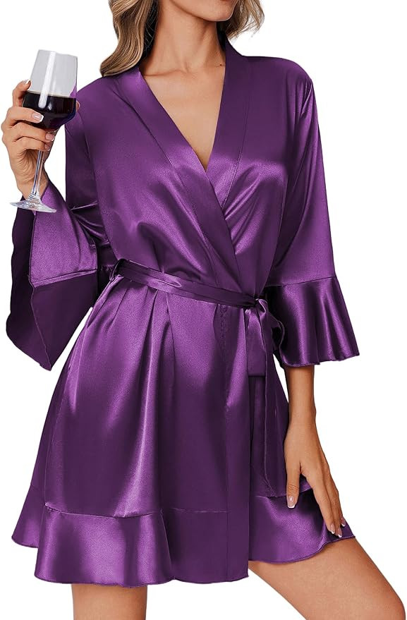 Ekouaer Women's Satin Robe Short Ruffle Hem Silky Robes Lightweight Kimono Brides Bathrobes Sleep... | Amazon (US)
