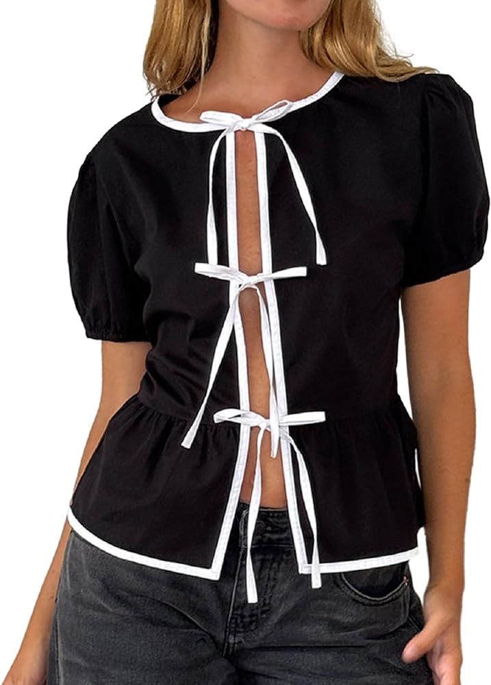 Women Y2k Peplum Shirt Puff Short Sleeve Lace Up Bow Blouse Tie Open Front Ruffle Hem Blouses Top... | Amazon (US)