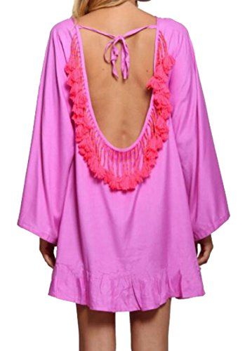Yayu Women Tassel Backless Beach Bikini Swimsuit Cover up Dress Rose Red OS | Amazon (US)