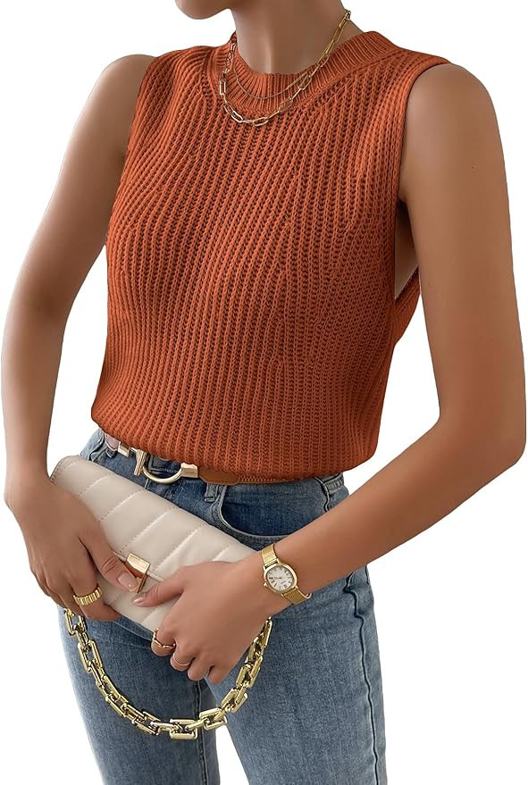 Verdusa Women's Slit Hem Sleeveless Round Neck Knitted Sweater Vest Tank Top | Amazon (US)