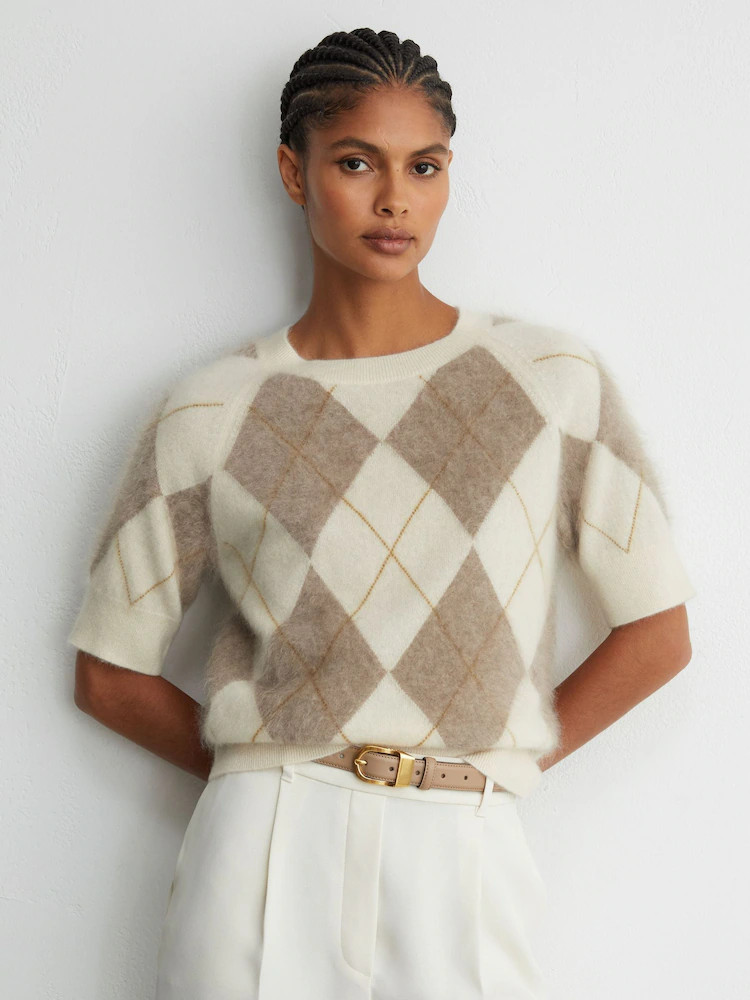 Reiss Aimee Brushed-Cashmere Argyle Knit Top | Next EU
