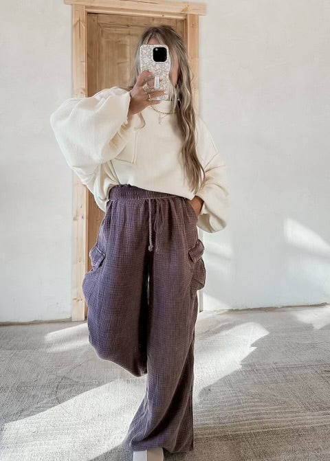 Addyson Cotton Gauze Mocha Cargo Pants | CK Squared Boutique