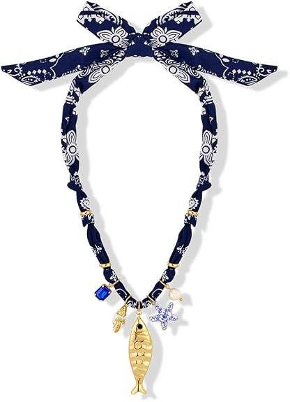 Chunky Gold Fish Pendant Necklace For Women Long Silk Scarf Turquoise Strand Necklace With Fish P... | Amazon (US)