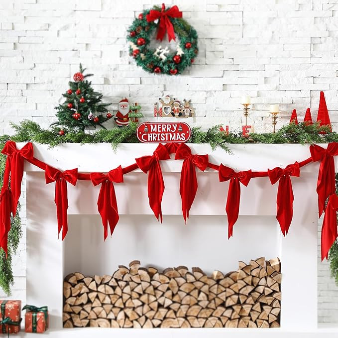 6 ft Christmas Velvet Bow Garland Pre-Strung 10 Red Bow Garland Decoration Xmas Hanging Ornaments... | Amazon (US)