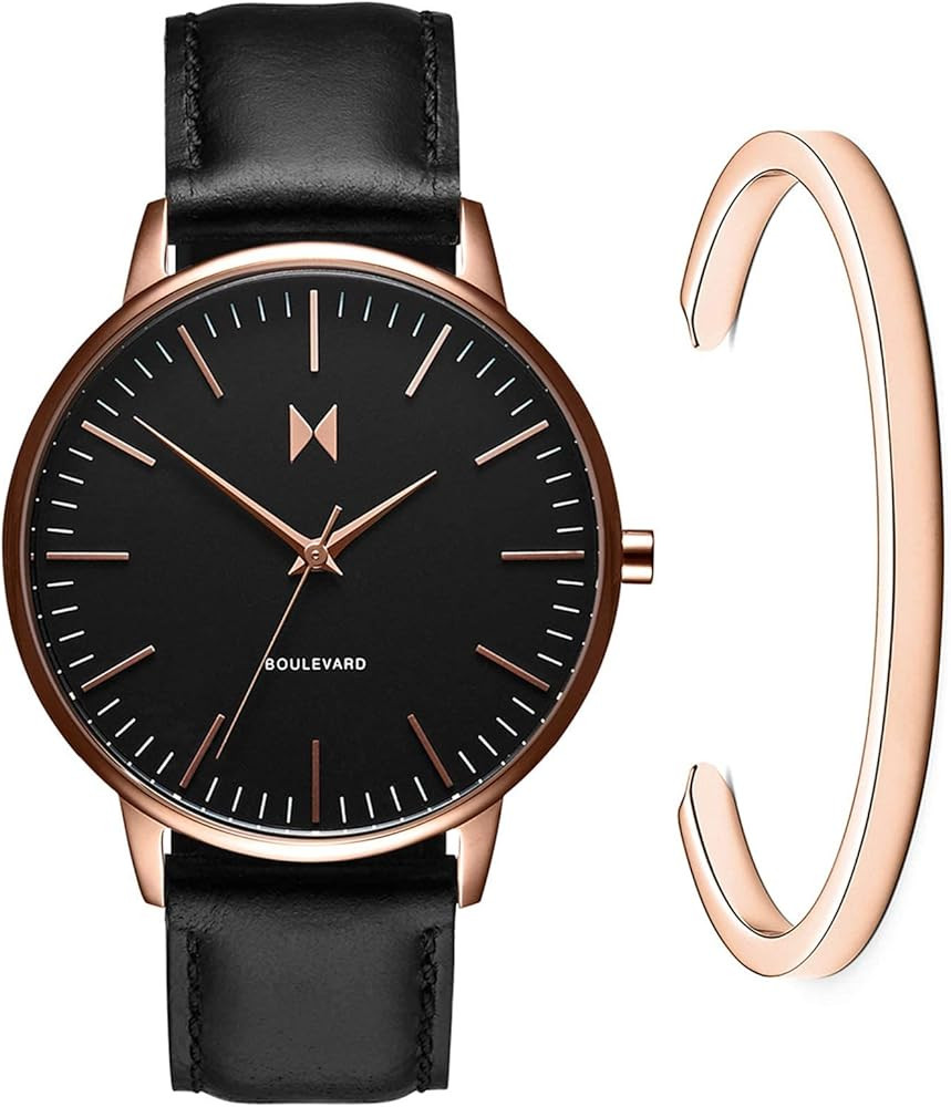 MVMT Boulevard Womens Watch Gift Set | 38 MM Analog Minimalist Leather Watch & Rose Gold Minimal Cuf | Amazon (US)