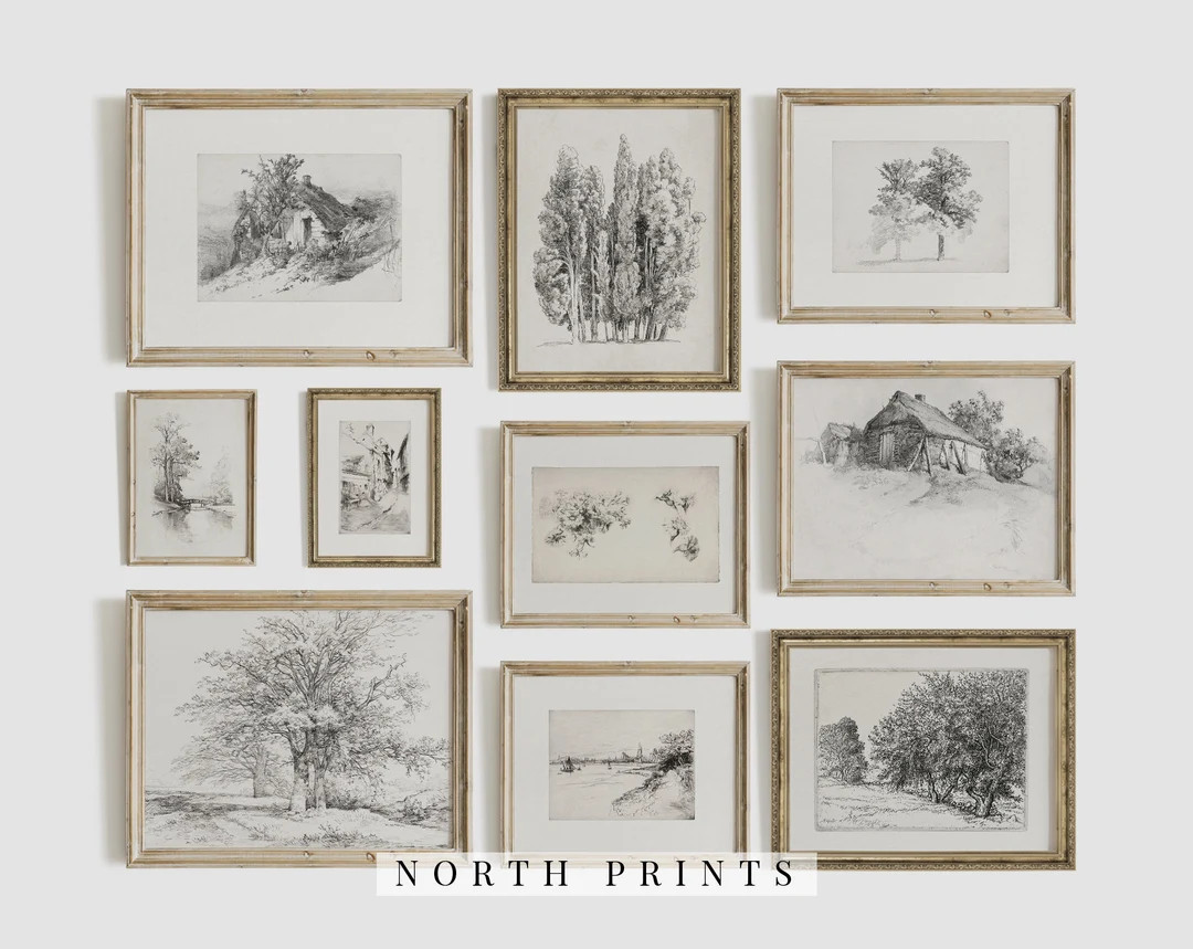 Neutral Living Room Gallery Wall Art Set | Vintage Sketch Prints | Etching Home Decor PRINTABLE |... | Etsy (US)