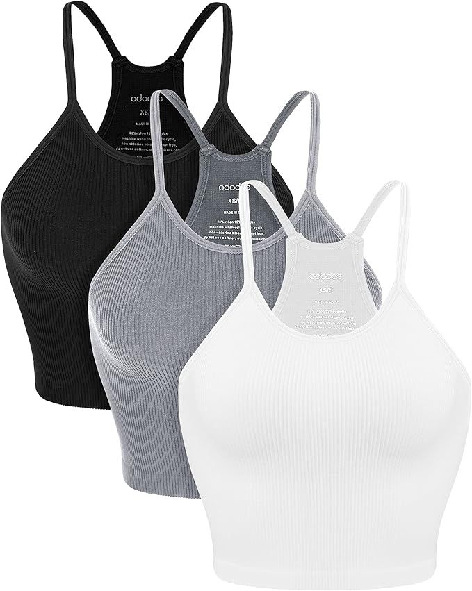 ODODOS Women's Crop 3-Pack Washed Seamless Rib-Knit Camisole Crop Tank Top | Amazon (US)