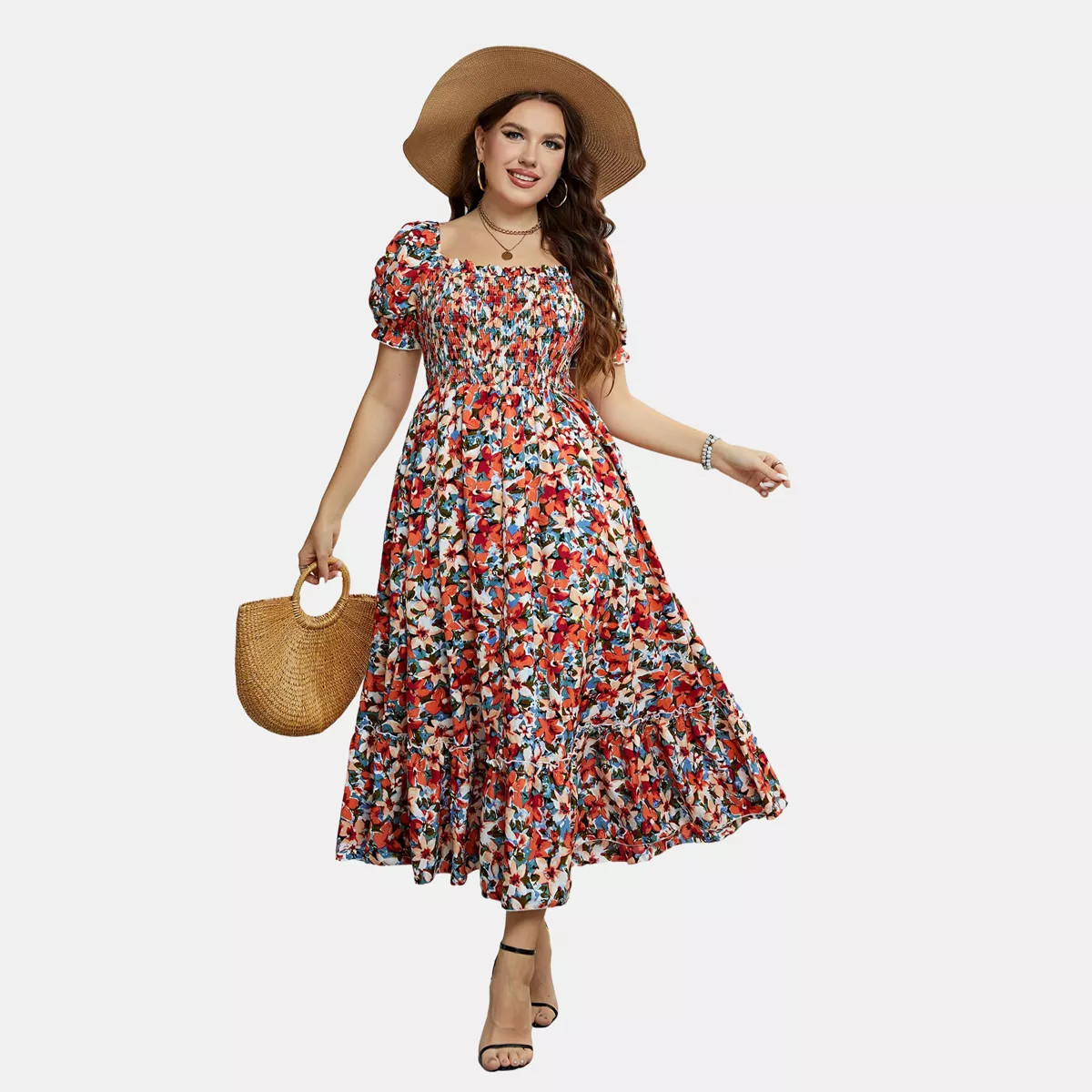 Women's Floral Smocked Square Neck Short Sleeve Midi Dress - Cupshe | Target