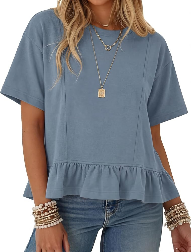 Watashi Women Oversized Short Sleeve Crop Top Casual Crew Neck Ruffle Hem Badydoll Summer Blouses... | Amazon (US)