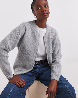 Grey Knitted Ribbed Bomber Jacket | Simply Be | Simply Be (UK)
