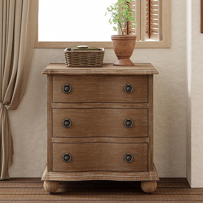 Farmhouse 3 Drawer Nightstand with Distressed Wood Finish, Rustic Vintage Dresser with Curved Fro... | Amazon (US)