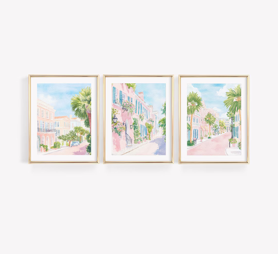 Set of 3 Charleston South Carolina Watercolor Prints, Preppy Coastal Art, Pastel Pink Blue Waterc... | Etsy (US)