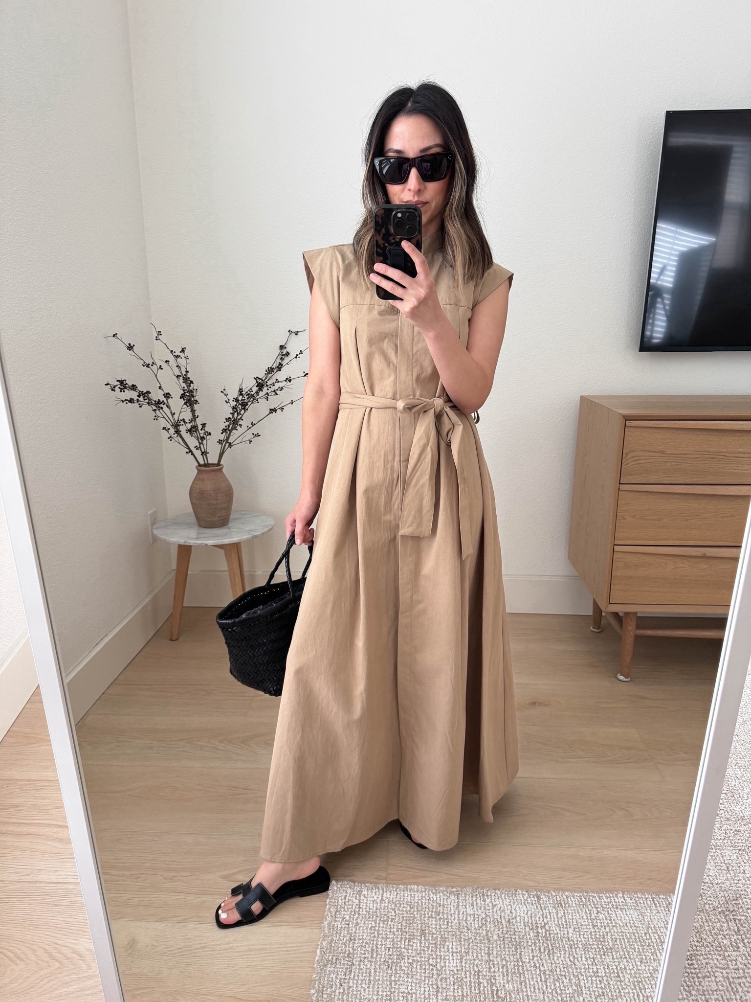 Melloday toe belt dress. This dress is stunning! So many beautiful details. Comfy, too!  Can be work with flats or heels. 

Melloday dress xs
Hermes Oran sandals 35
Dragon Diffusion small tote 