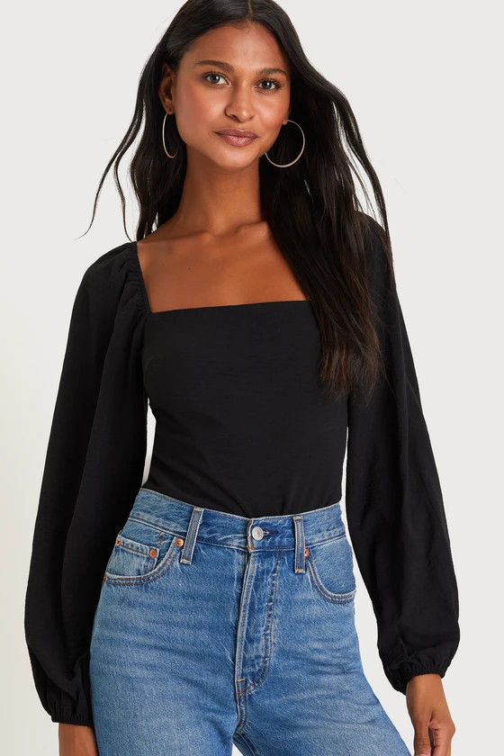 Abundance of Love Black Textured Long Sleeve Tie-Back Bodysuit | Lulus (US)