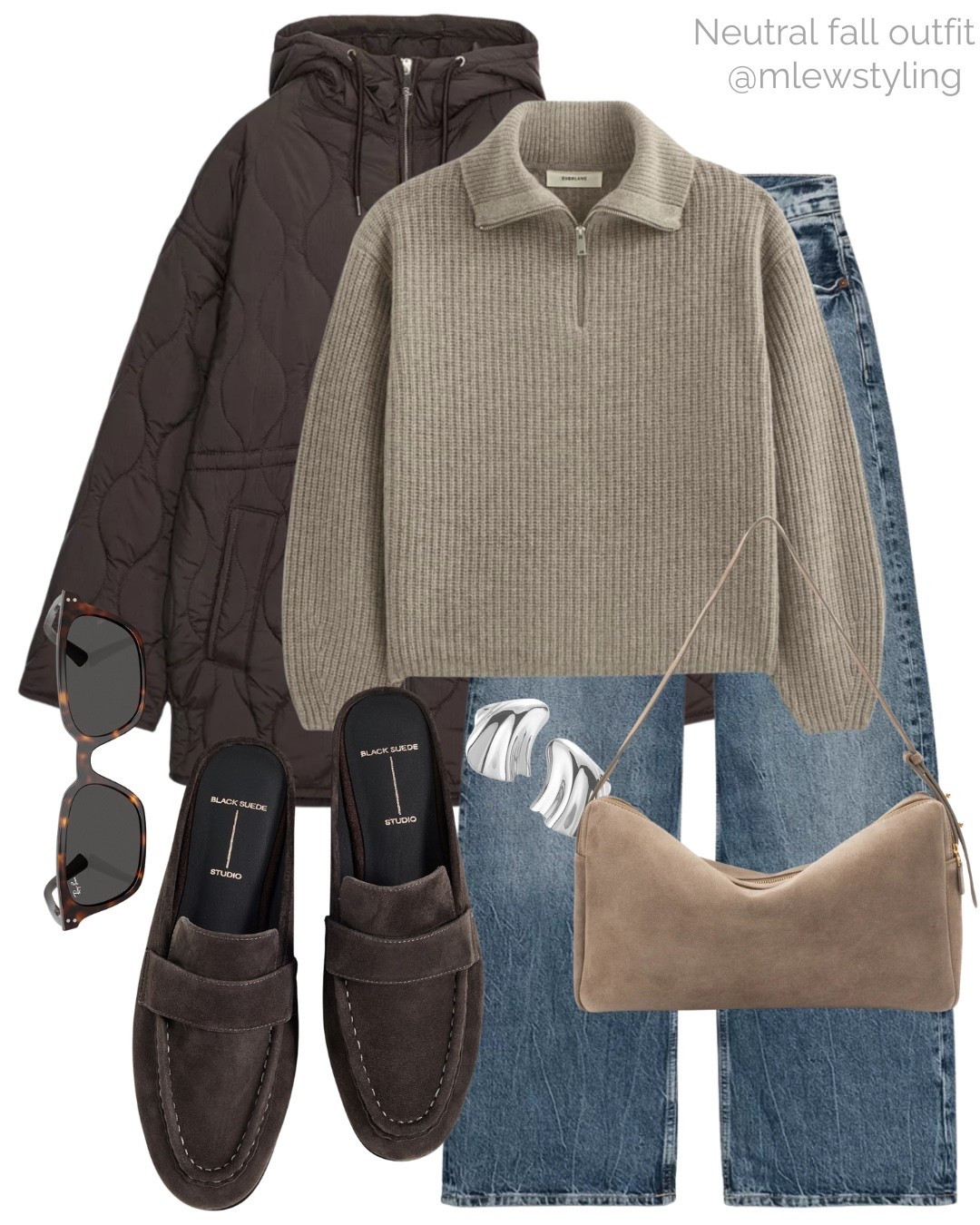 Neutral fall outfit 🤎

Tags: chocolate brown quilted jacket, new in H&M, everlane knit, half zip sweater, Elleme suede bag, Zara wide leg baggy jeans, Jenny bird silver earrings, rayban sunglasses, suede loafers, casual workwear, office outfit, Shopbop mules 

#LTKShoeCrush #LTKStyleTip #LTKItBag