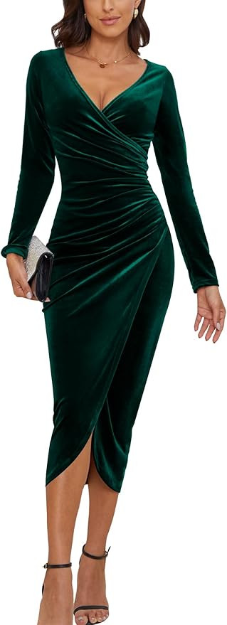 CYiNu Women's V Neck Wrap Velvet Long Sleeve Elegant Bodycon Ruched Cocktail Party Maxi Dress | Amazon (US)