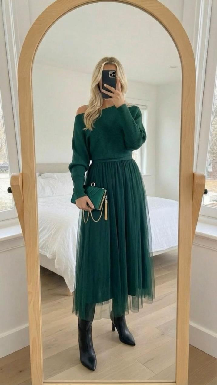 I love this look for holiday parties absolutely so cute so this is just a green tool skirt with a gorgeous off the shoulder green sweater love this sweater. It comes in tons of different color options and you could also elevate this outfit to go for New Year’s Eve as well pair it with a different colored skirt or different colored top and then this purse is so cute. It can be a clutch or can be a Crossbody bag. It’s got great Detail to it so perfect for the holidays or like I said New Year’s Eve parties and then layer this with you could do some fleece line tights or you can do some knee-high boots and then a trenchcoat or a leather bomber jacket would be really cute as well and I’ll put both those options here

#LTKHoliday #LTKmomlife #LTKSeasonal