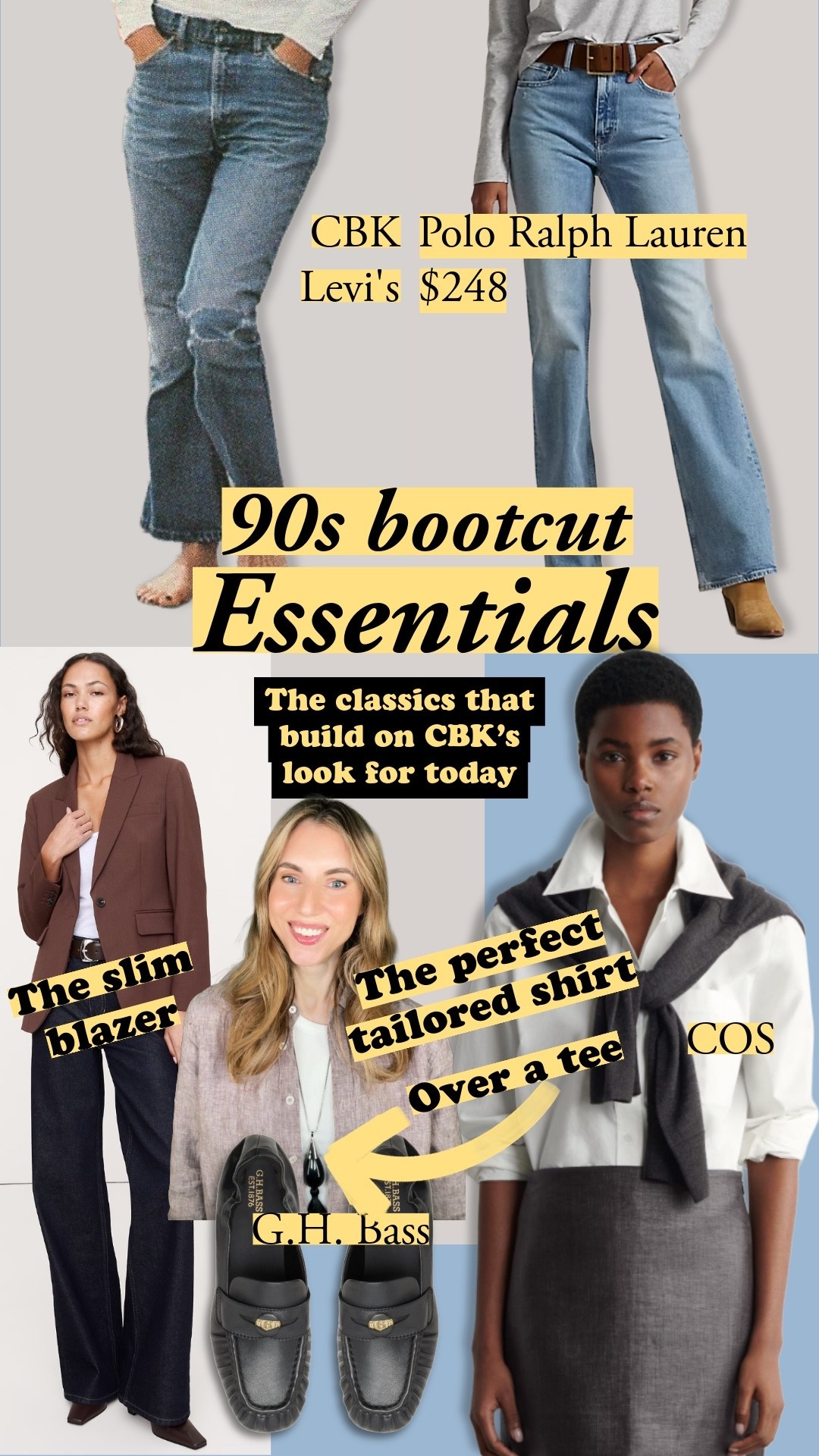 The 90s bootcut is back and the styling is all about an updated Carolyn Bessette-Kennedy look – slim blazer, tailored shirt over a tee, loafers. The subtle flare creates a long line without the drama of a full flare, so structured tops keep everything balanced. My bootcut picks and the pieces that build the look 🎯

90s bootcut jeans, bootcut jeans outfit, how to style bootcut jeans, Carolyn Bessette Kennedy style, slim blazer outfit, tailored shirt over tee, GH Bass loafers, COS shirt, Polo Ralph Lauren jeans, Levi's bootcut, dark wash bootcut jeans, loafers and jeans, 90s minimalist style 

#LTKootd