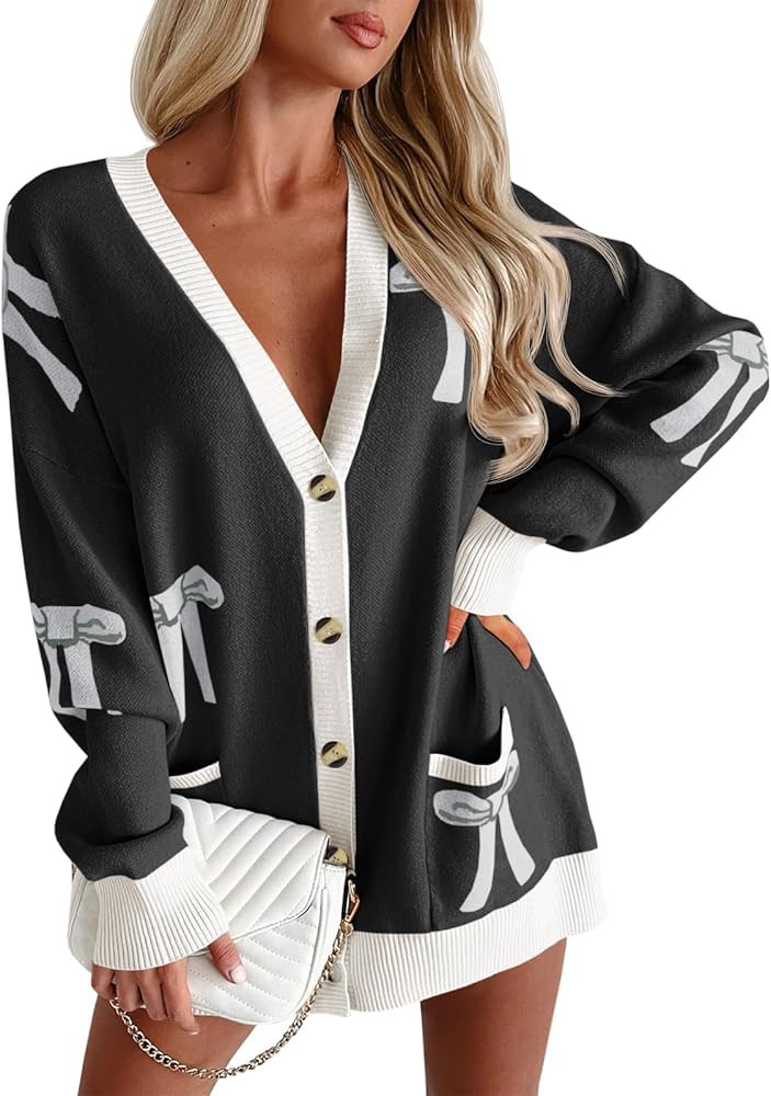 Saodimallsu Womens Oversized Cardigan Sweaters Bow Printed Button V Neck Long Sleeve Loose Knit F... | Amazon (US)