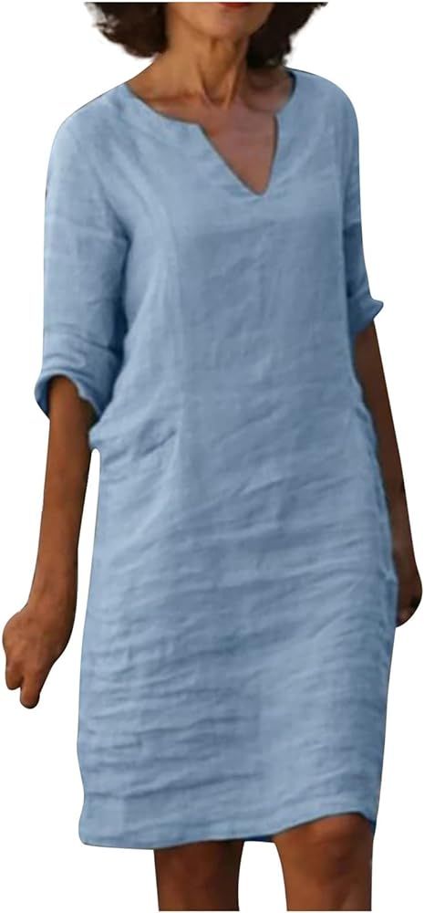 Cotton Linen Dresses for Women,2024 Spring Summer Elegant Trendy V Neck 3/4 Sleeve Midi Dress,Cas... | Amazon (US)