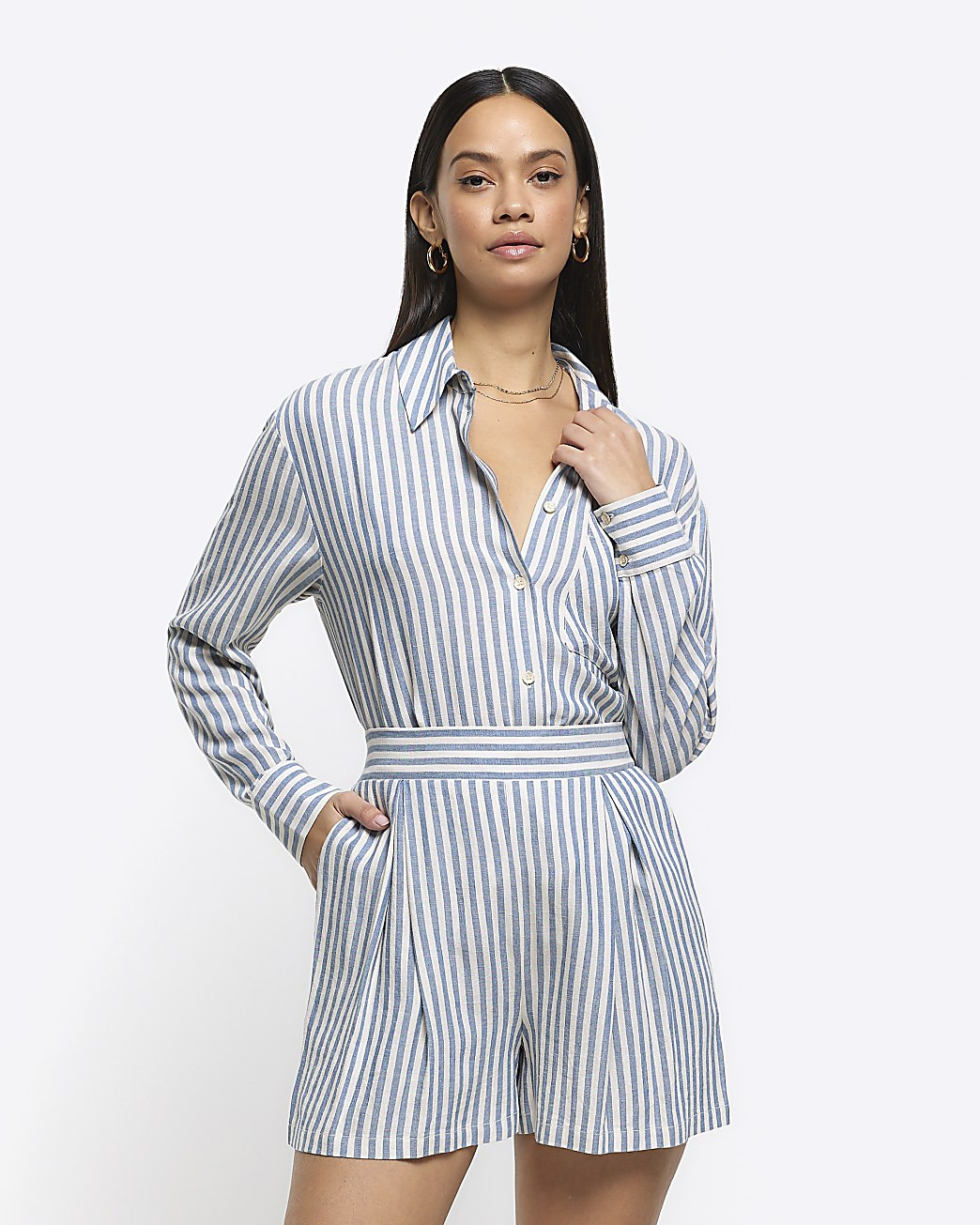 Blue linen blend stripe shorts | River Island (UK & IE)