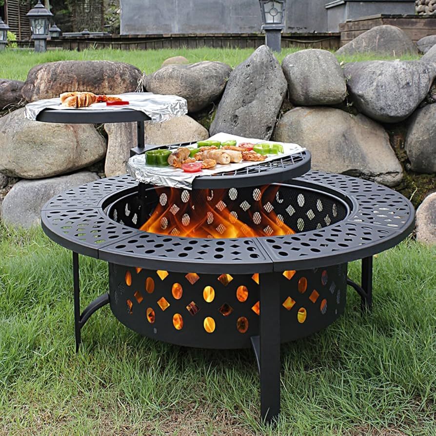 36 Inch Fire Pit with 2 Grills, Wood Burning Fire Pits for Outside with Lid, Poker and Round Wate... | Amazon (US)