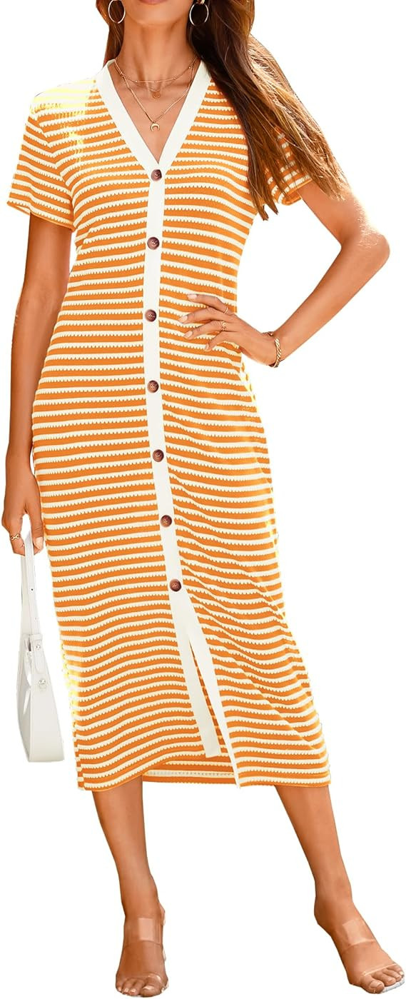 BTFBM Women Casual Summer Dresses Short Sleeve Striped Midi Dresses Decorative Button Ribbed Knit... | Amazon (US)