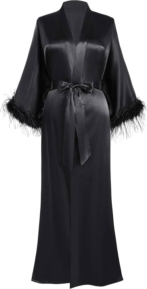 PRODESIGN Satin Kimono Robe Long Bath Robe with Ostrich Feather Trim Sleepwear Wedding Bridesmaid... | Amazon (US)