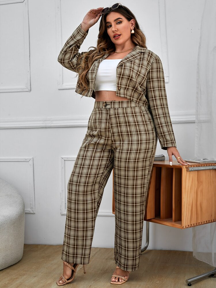 Plus Plaid Print Crop Jacket & Wide Leg Pants | SHEIN