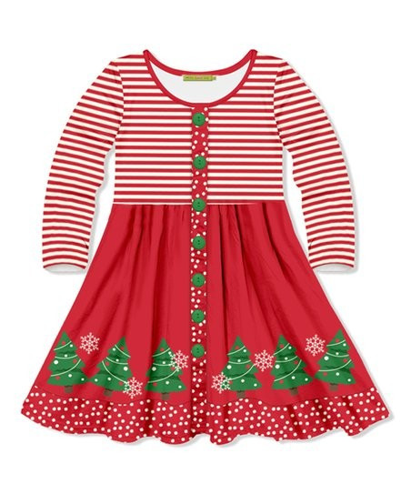 Millie Loves Lily Red Stripe Christmas Tree Border Button-Front A-Line Dress - Infant, Toddler & ... | Zulily