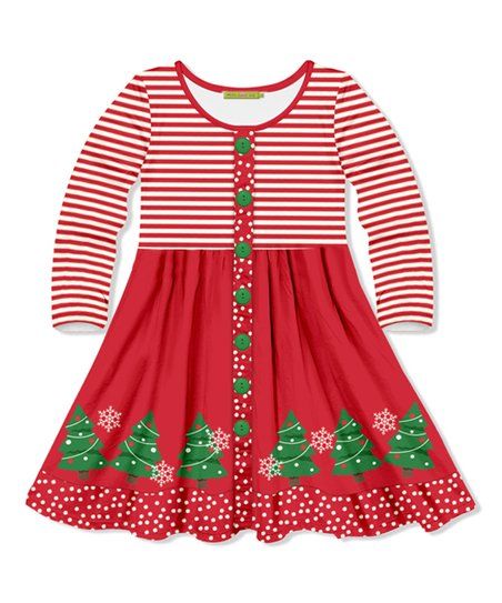 Millie Loves Lily Red Stripe Christmas Tree Border Button-Front A-Line Dress - Infant, Toddler & ... | Zulily