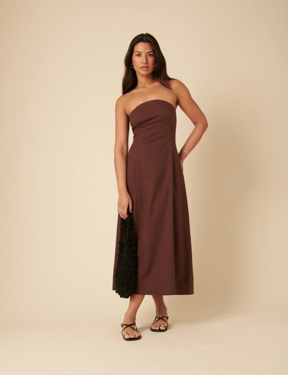 Brown Bandeau Linen-blend Gayle Midi Dress | Nobody's Child
