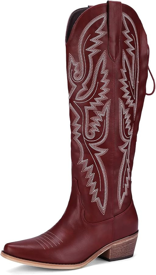 Lace Up Cowboy Boots for Women Embroidered Wide Calf Cowgirl Boots Comfortable Chunky Heel Pointe... | Amazon (US)