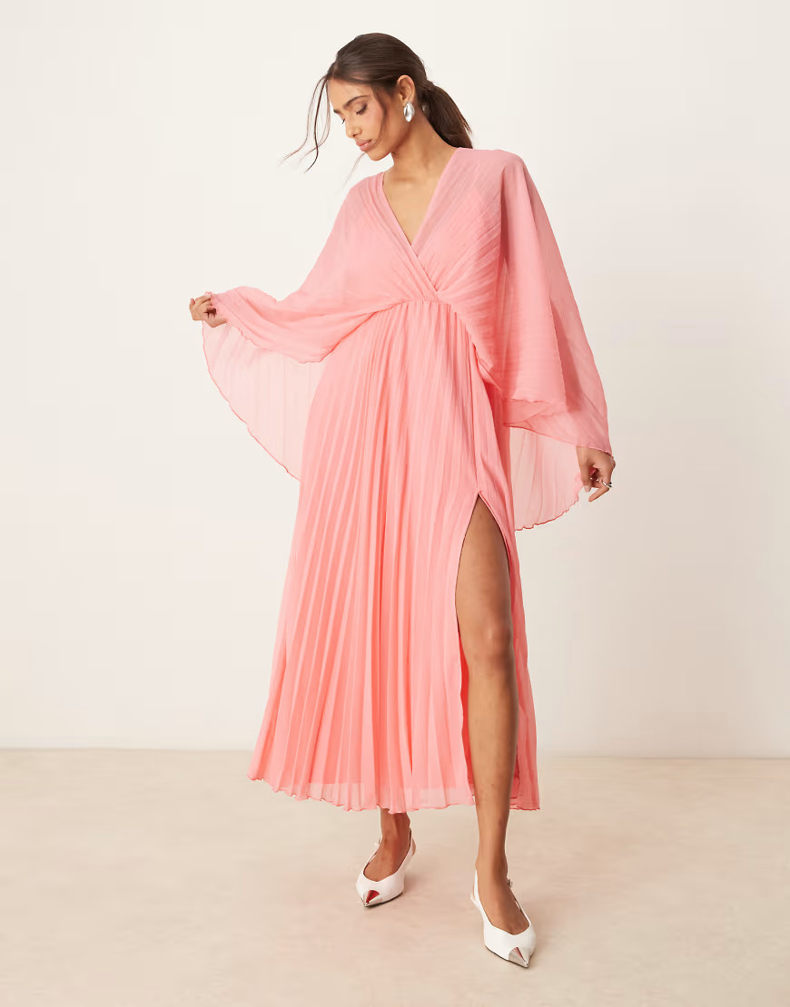 ASOS DESIGN cape detail pleated maxi dress in rose pink | ASOS (Global)