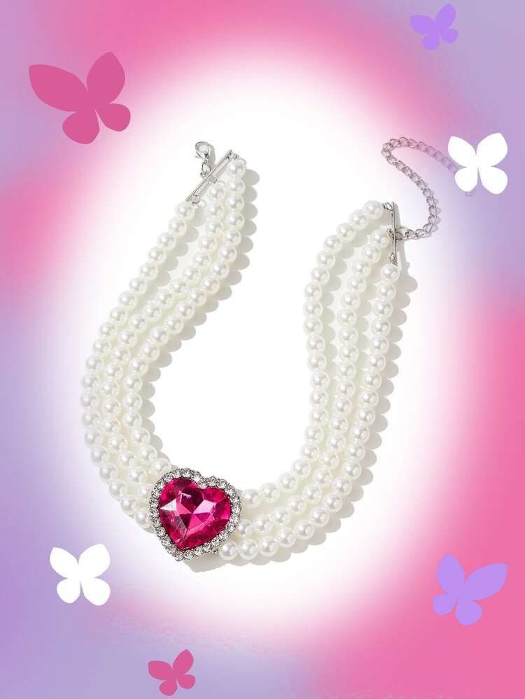 SHEIN MOD Rhinestone Heart & Faux Pearl Decor Layered Necklace | SHEIN