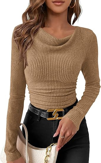 PRETTYGARDEN Women's Long Sleeve Cowl Neck Ribbed Knit Spring Shirts Slim Fit Ruched Going Out Cr... | Amazon (US)