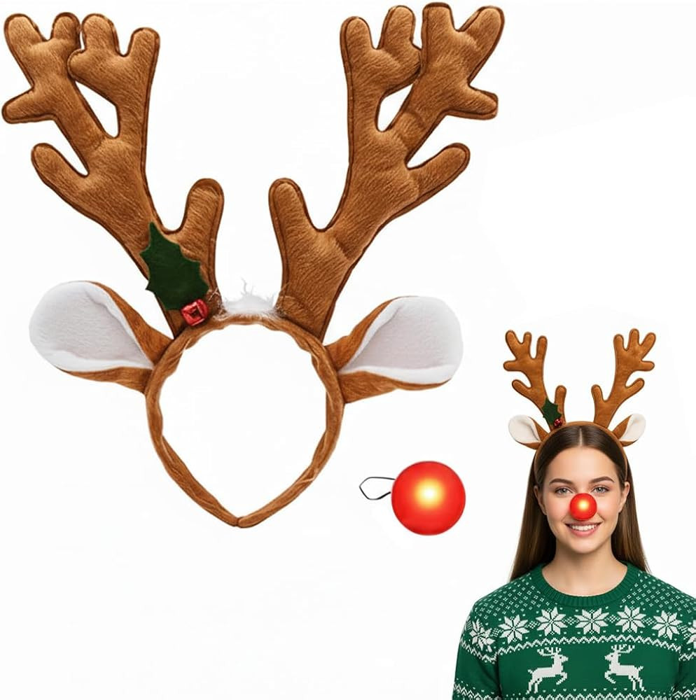 Nicky Bigs Novelties Reindeer Antlers Headbands with Red Nose Light-Up Reindeer Nose & Antler Set... | Amazon (US)