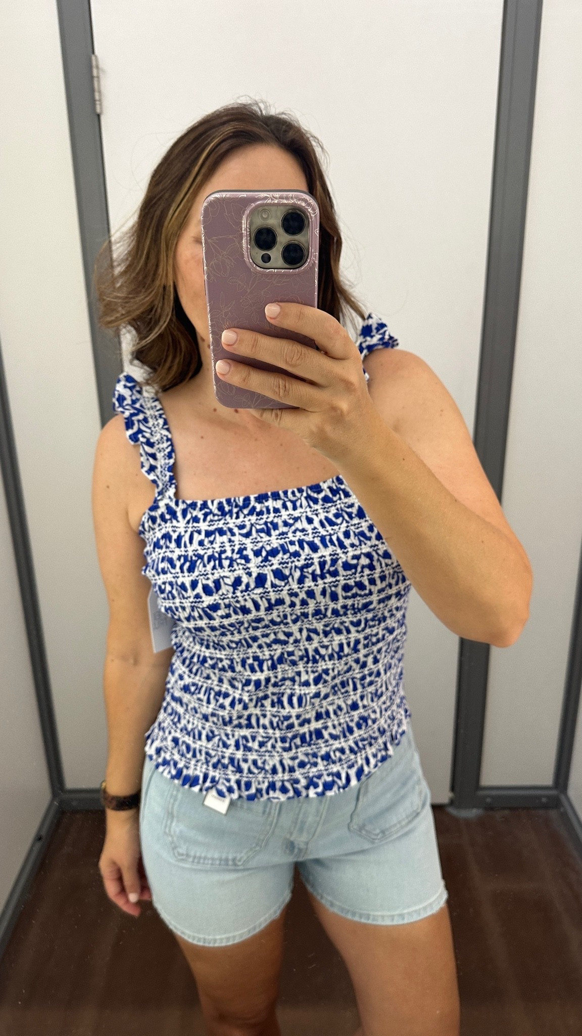 The cutest smocked top to pair with jeans and shorts this summer! 

5’4, 143 pounds 
 Wearing size small