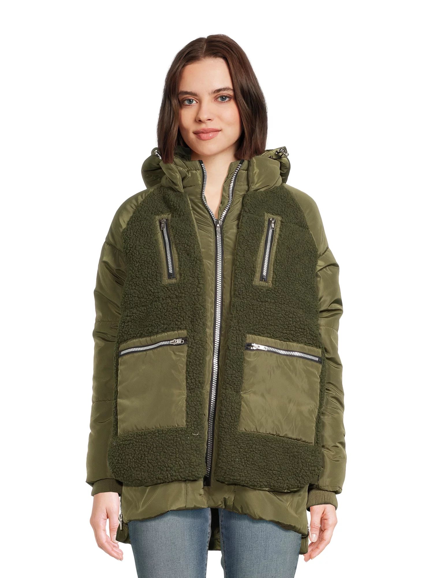 Jason Maxwell Women's Mixed Media Faux Sherpa Jacket with Hood | Walmart (US)